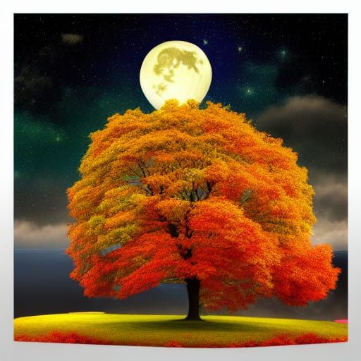 Giant Maple Tree with Starry Sky Background