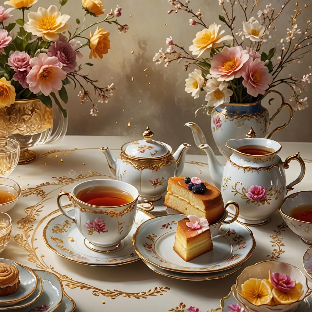 Castella Cake and Tea: Vibrant Digital Art