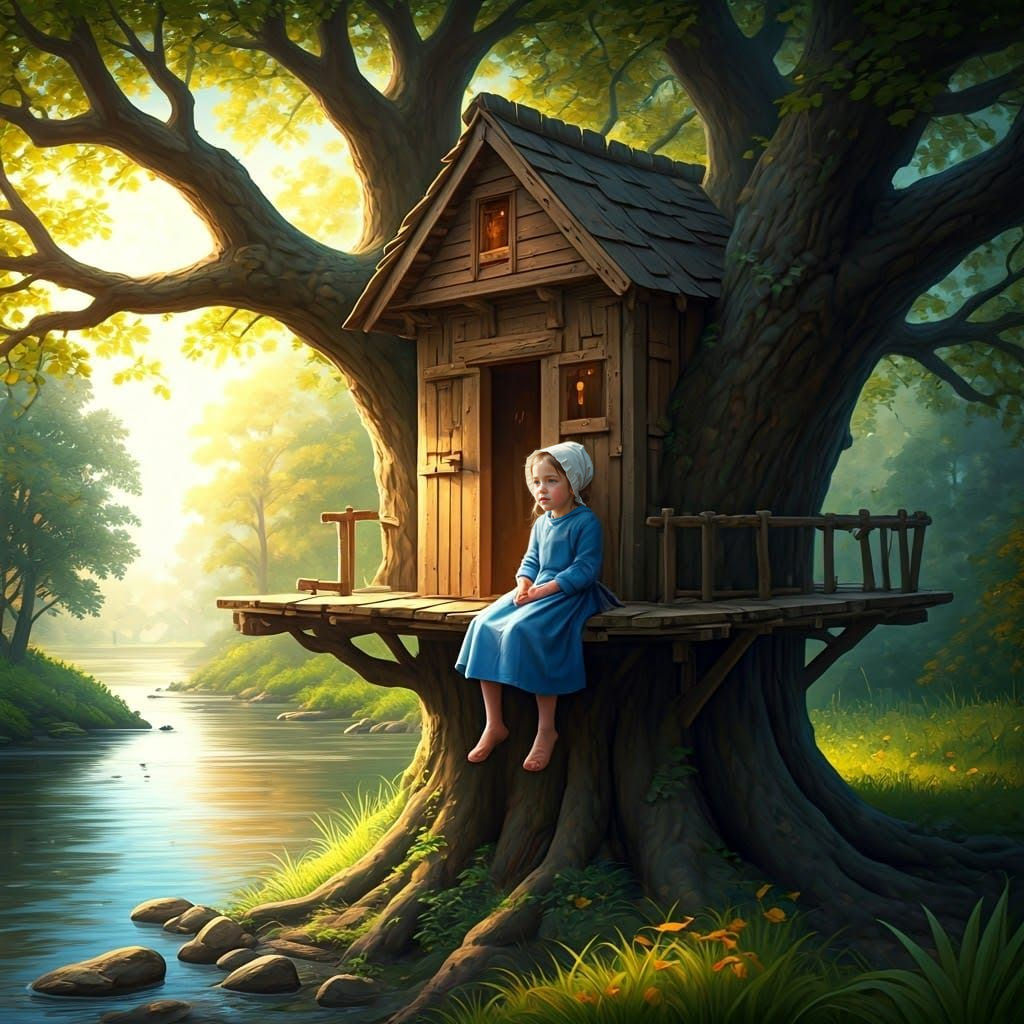 An Amish Girl in a Whimsical Treehouse Scene