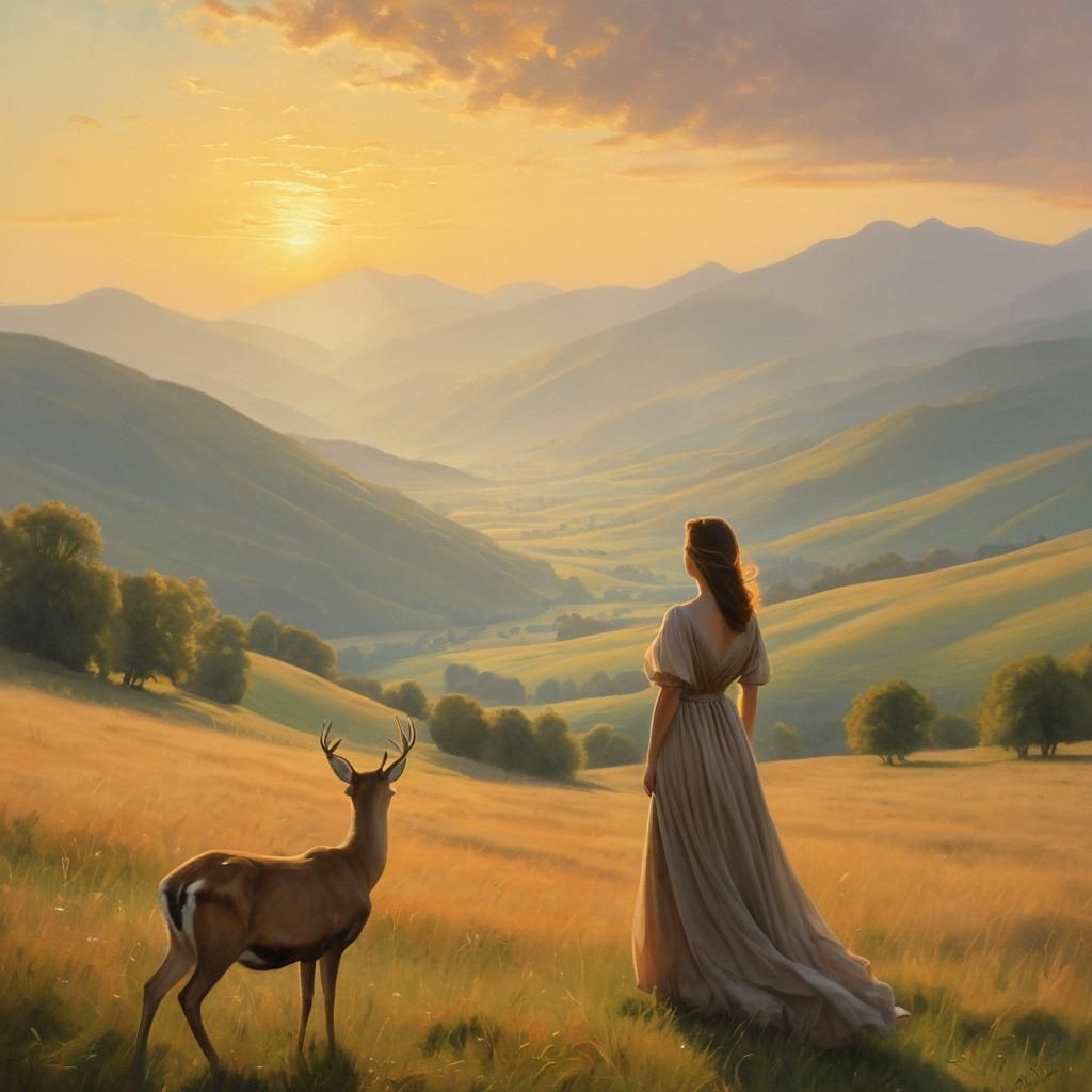 Romantic Landscape Painting with Woman and Deer