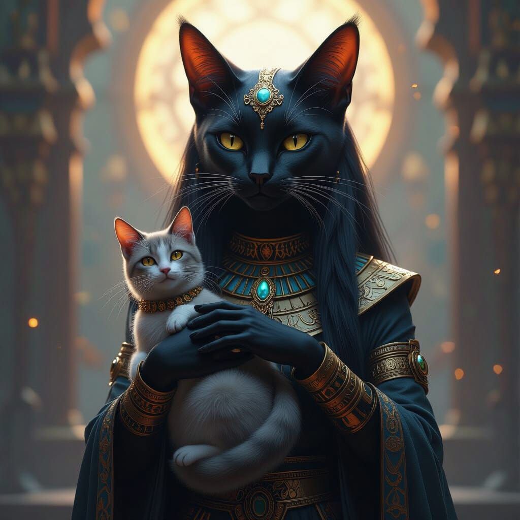 Bastet Goddess Holding Cat in Fantastical Matte Painting Sty...