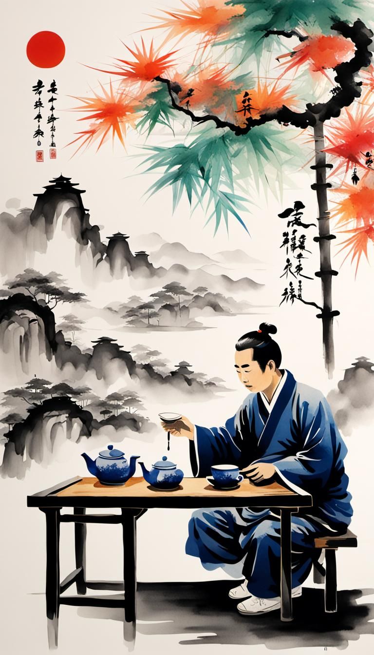 Minimalist Chinese Ink Painting of Man Enjoying Tea