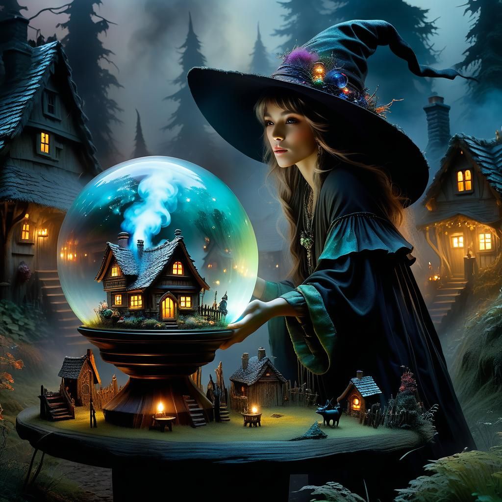 Mysterious Witch Casting Spell Over Fairy Village