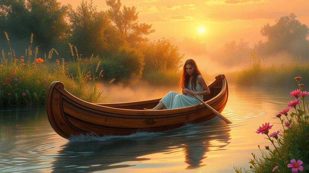 Woman in Canoe at Sunset, Ethereal Fantasy Art