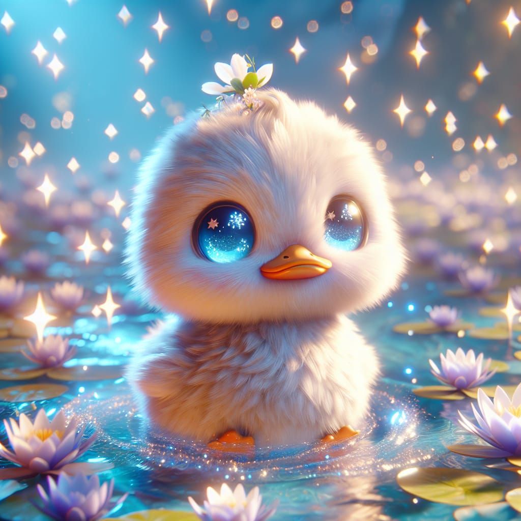 Fluffy Cartoon Duck with Blue Star Eyes as CGI Art