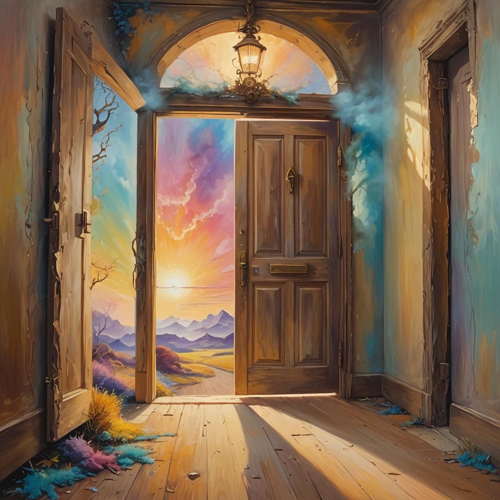 Surreal Landscape Painting with Open Door in Van Gogh Style