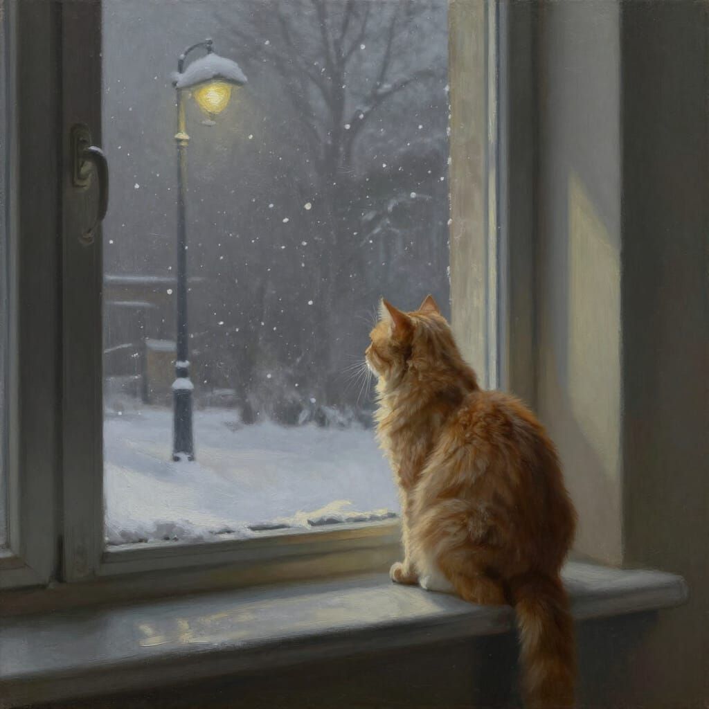 Fluffy Cat Watches Snowfall from Dimly Lit Window