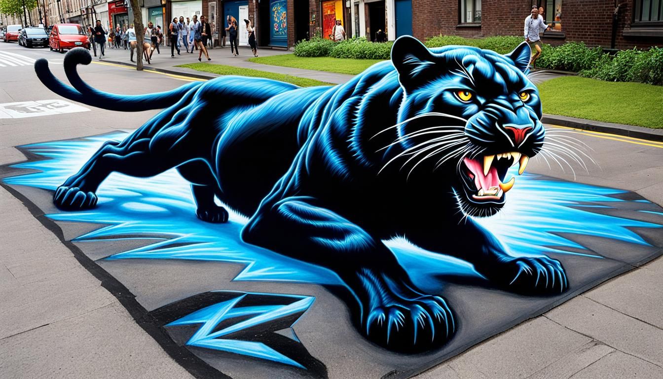 Black Panther Anamorphic 3D Street Art in Neon Colors