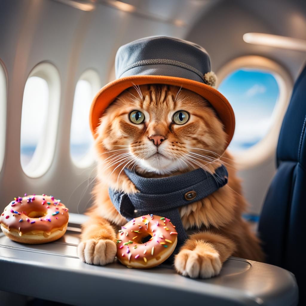 Orange Cat Pilot Flying Plane with Donuts