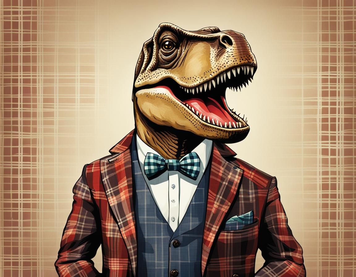 Happy T-Rex Portrait in Plaid Suit