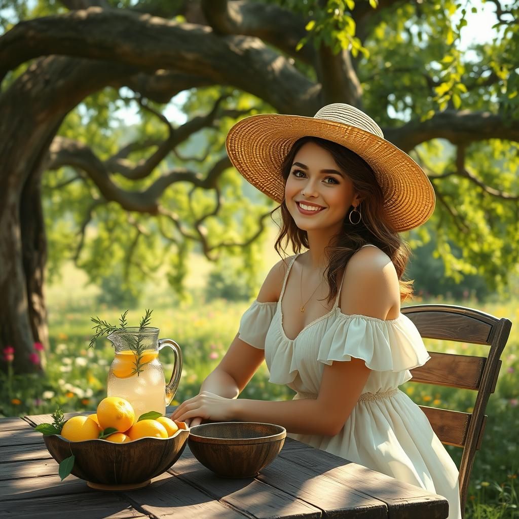 A very vivid upclose and realistic picture of a a  pretty lady with  lemons in bowl and she is sitting at a rustic wood ...