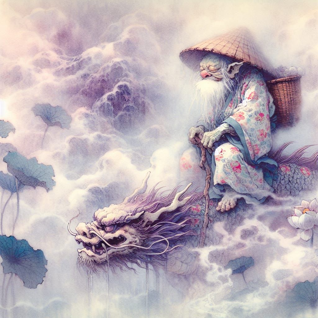 Gremlin on Dragon in Dreamy Ukiyo-e Waterfall Scene