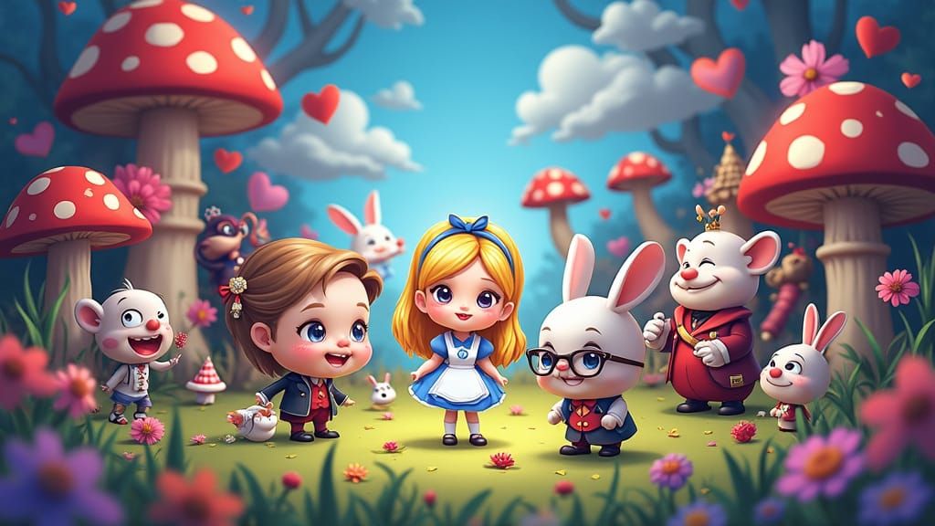 Chibi Alice in Wonderland Characters in Whimsical Scene