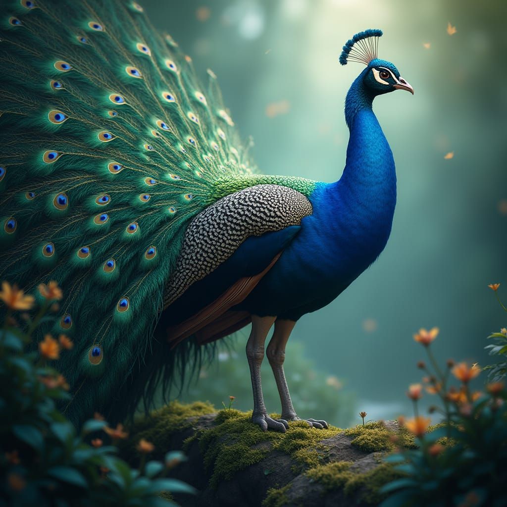 Majestic Male Peacock Displays Iridescent Feathers in Dreaml...