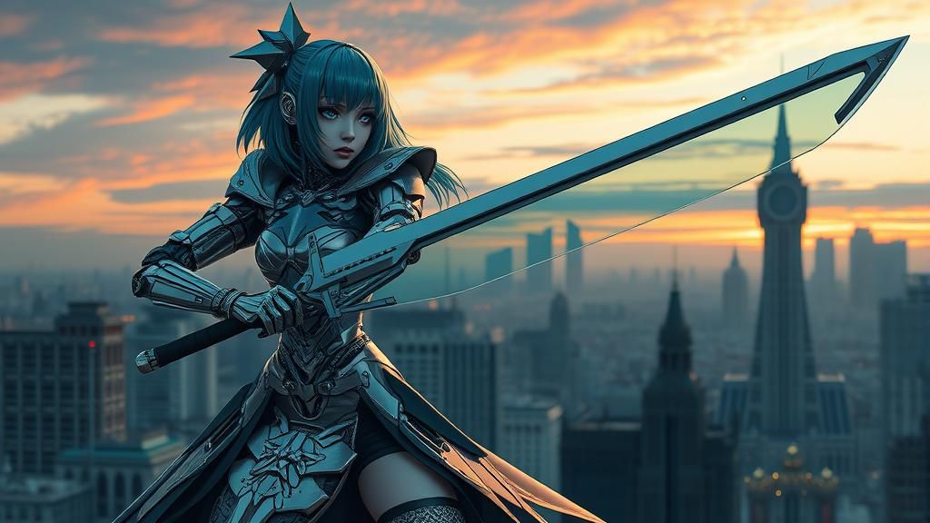 Cyborg Girl with Sword in Futuristic Moscow