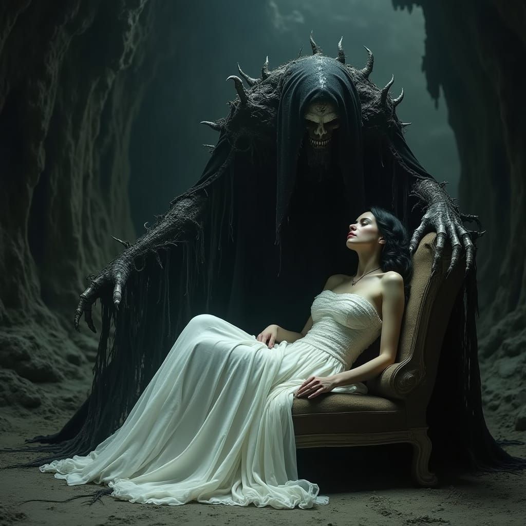 Gothic Horror: Woman and Ghoul in Dark Cavern