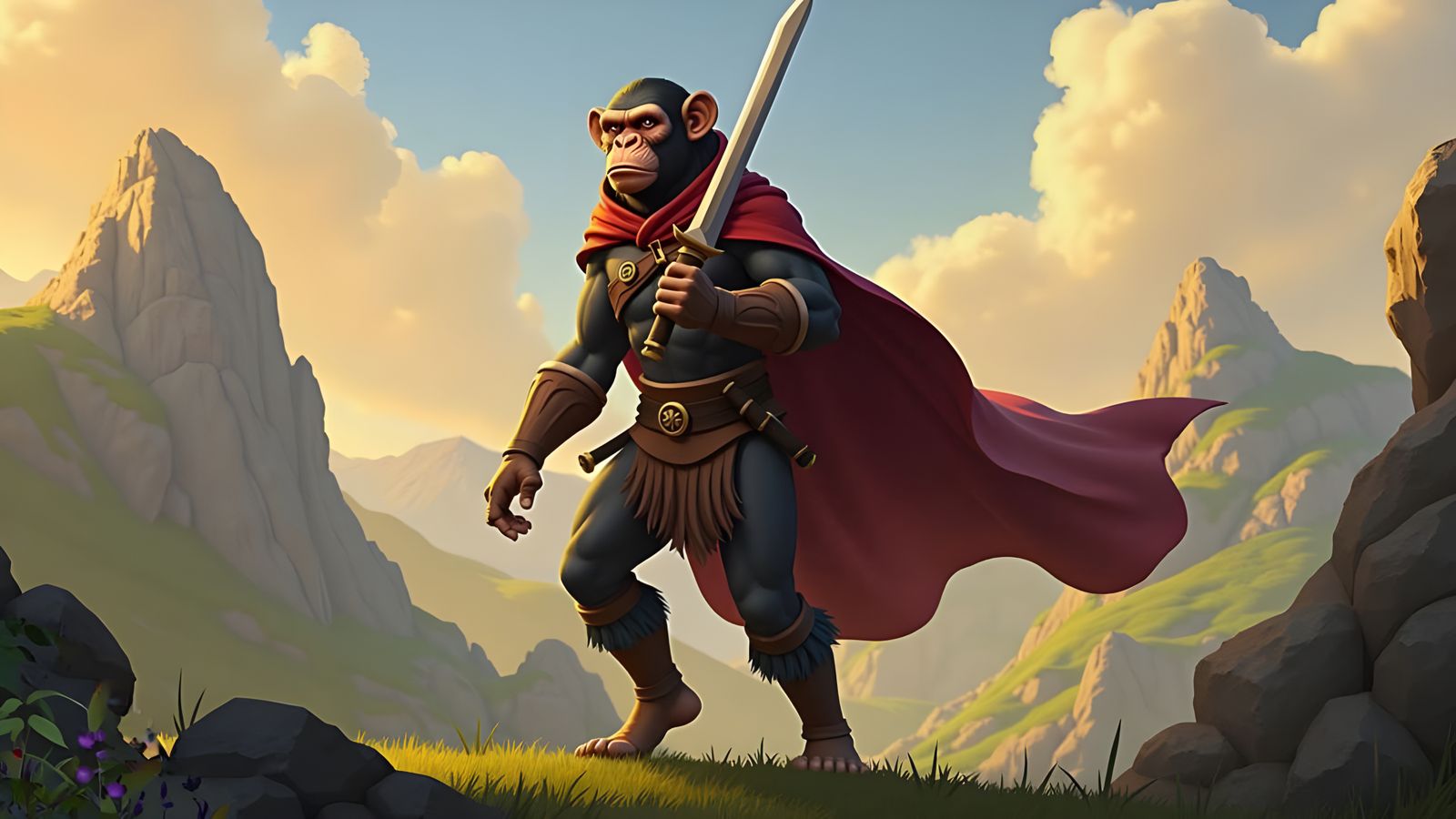 Cyberpunk Chimpanzee Barbarian Warrior in Vibrant Fantasy La...