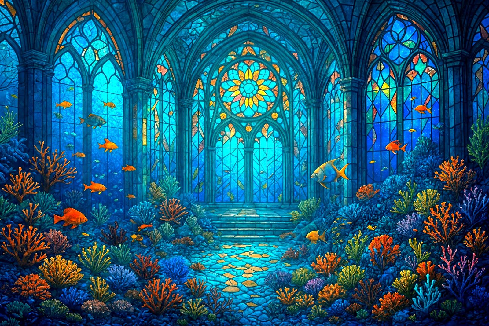 Underwater Stained Glass Temple with Coral Reef