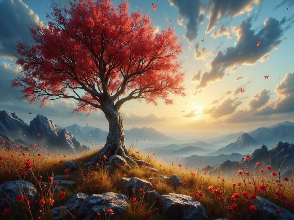 Oak Tree on Meadow in Maximalist Autumnal Style