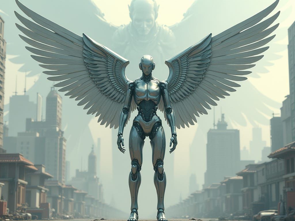 Majestic Robotic Figure with Metallic Wings in Cyberpunk Cit...