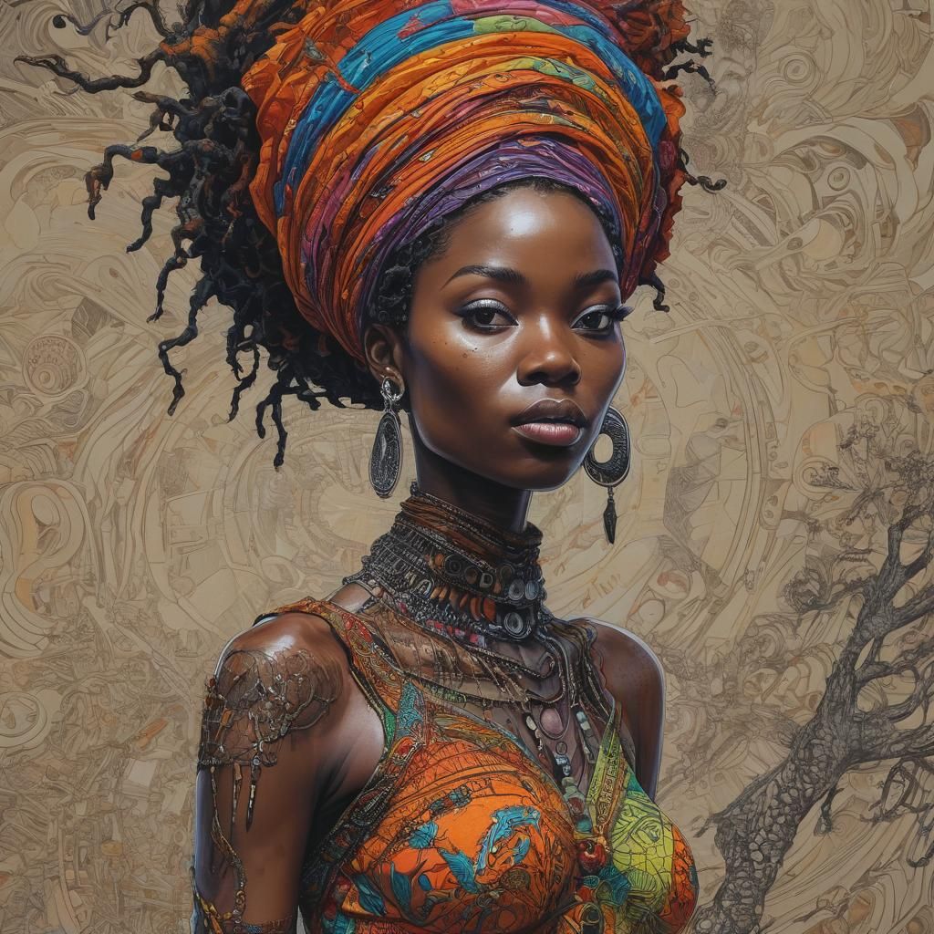 Woman Bringing Life: Colorful Ink Drawing