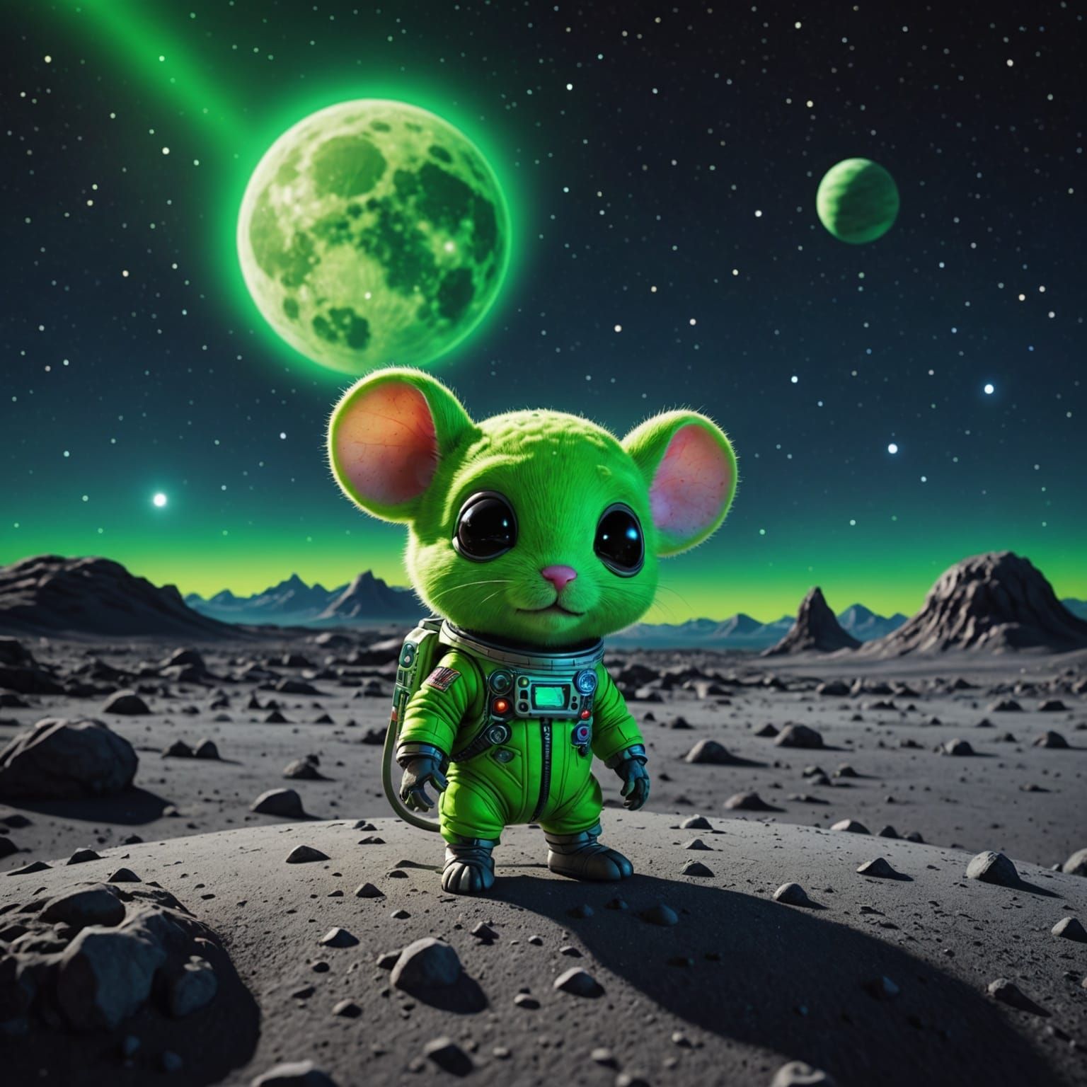 Hyperrealistic Neon Mouse and Spaceship on the Moon