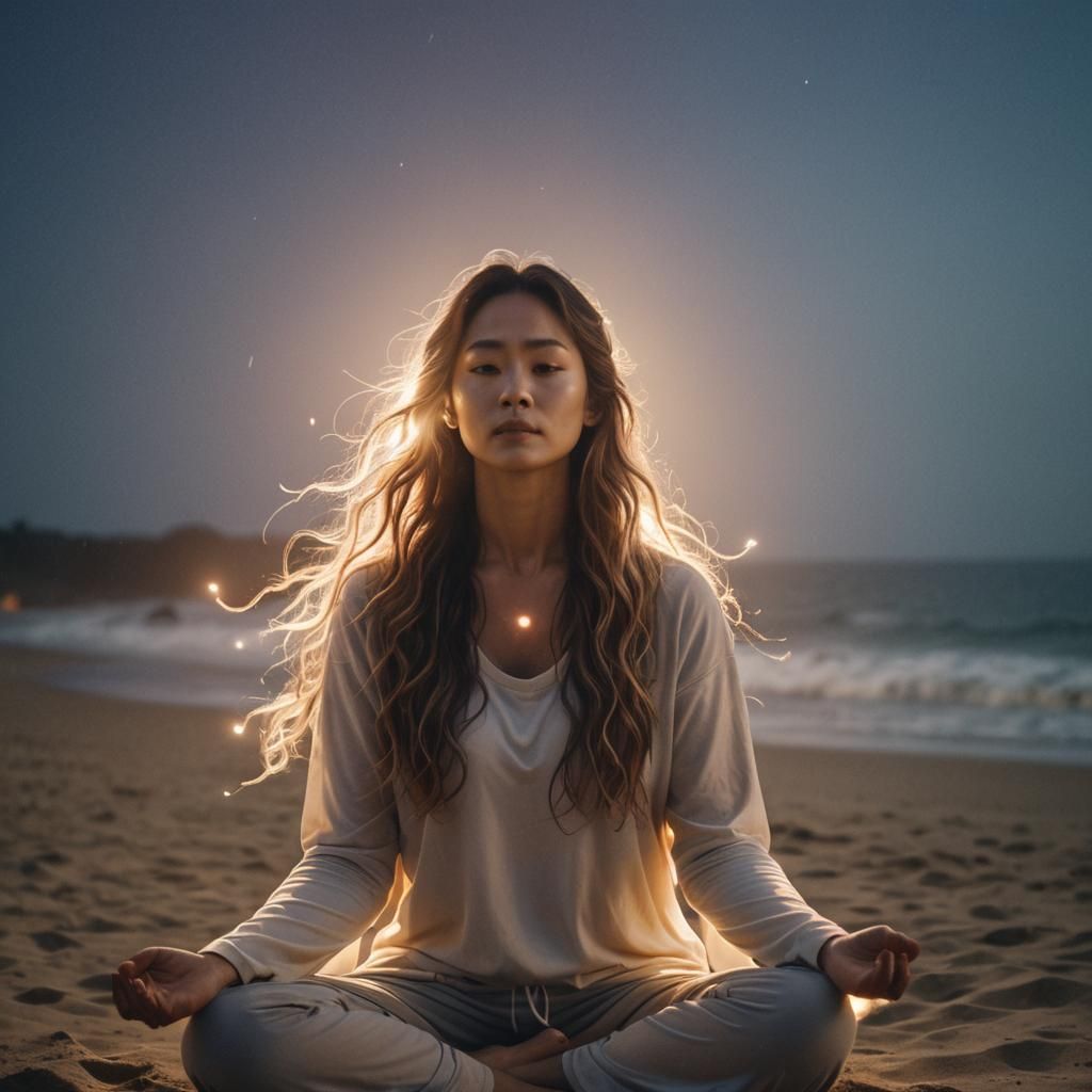 Woman Meditating on Beach with Glowing Aura