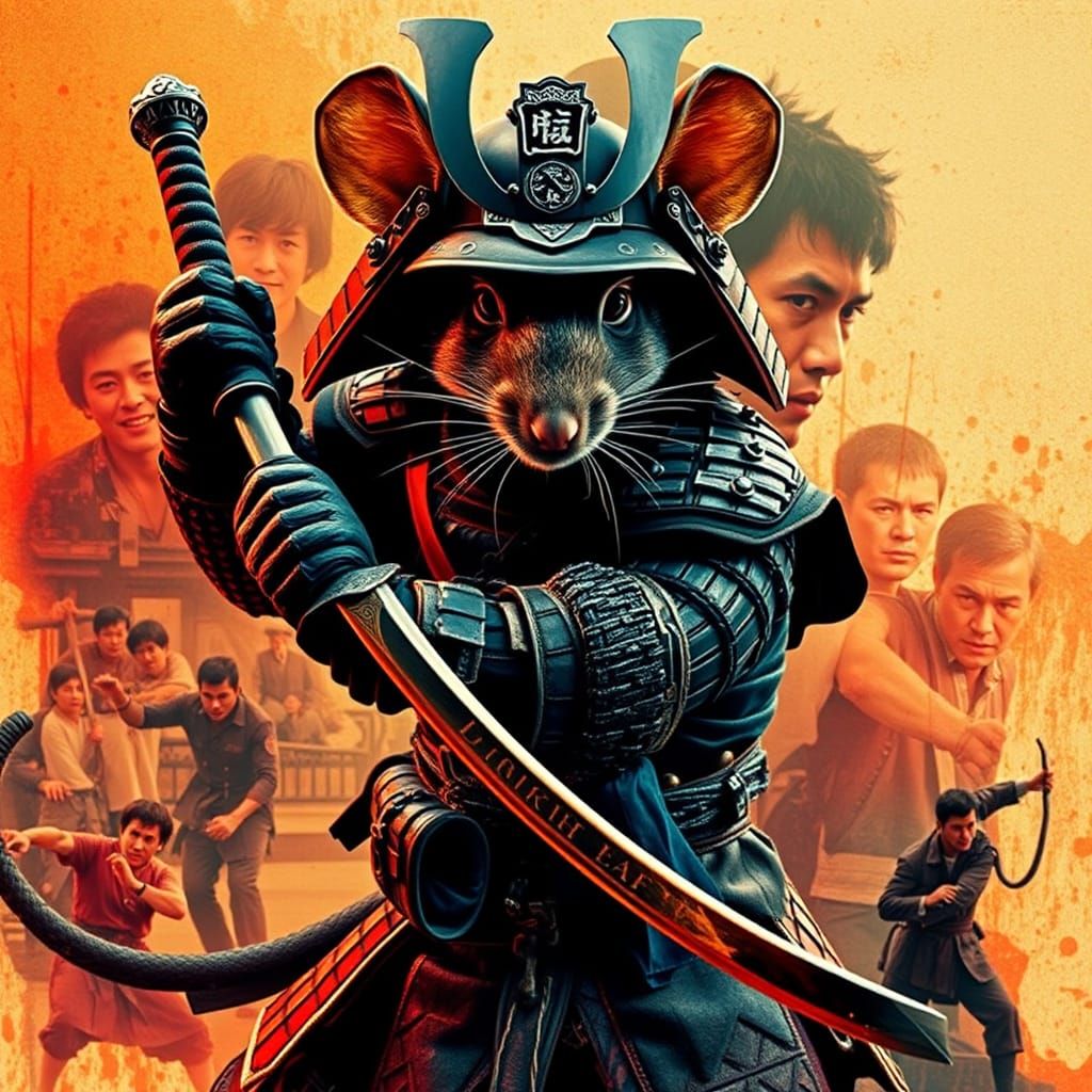 Samurai Mouse Warrior Double Exposure in Gritty Style