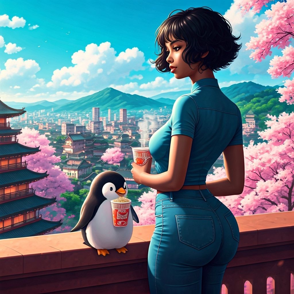 Woman and Penguin with Noodles in Anime Style