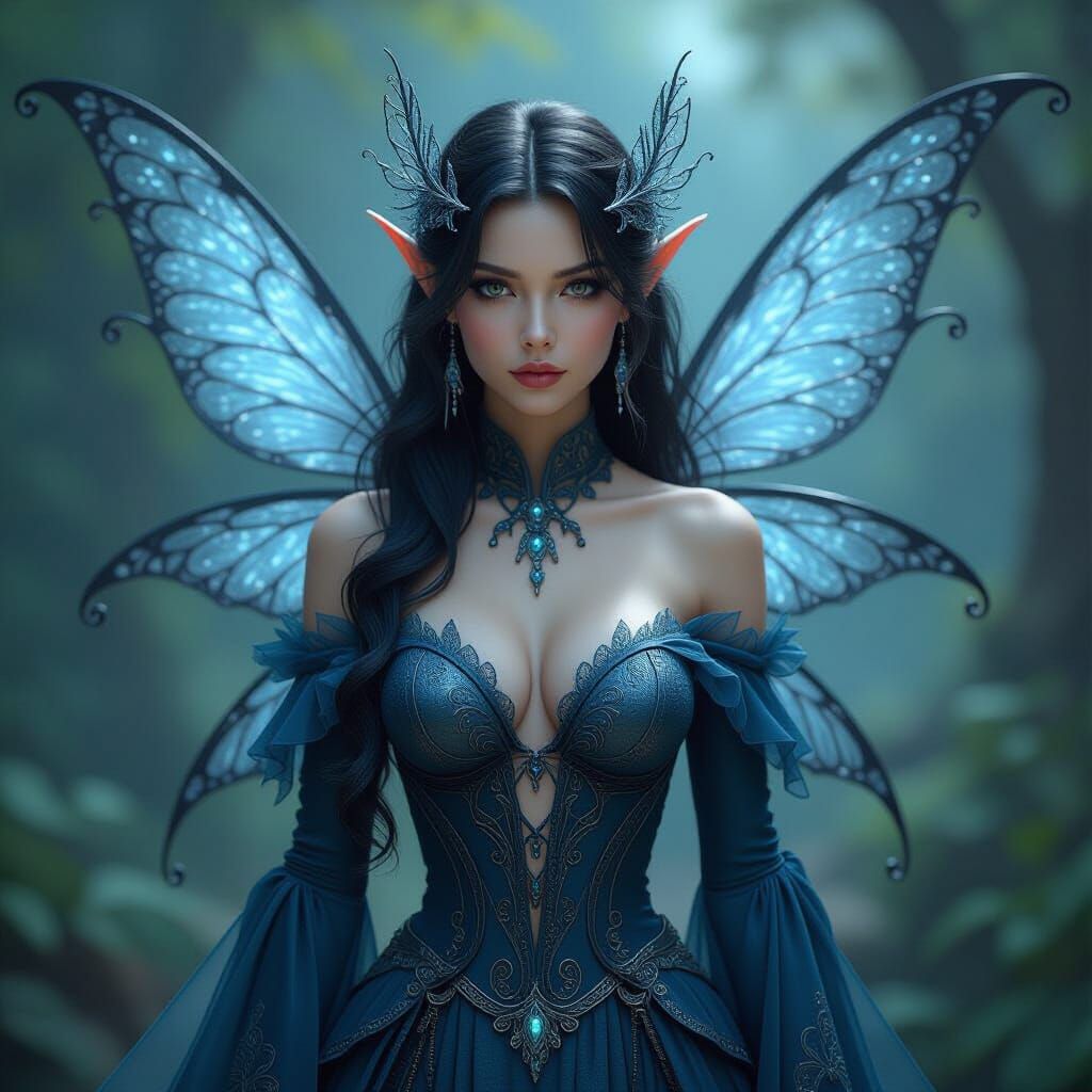 Detailed Fairy with Silver Wings in Dark Blue Outfit