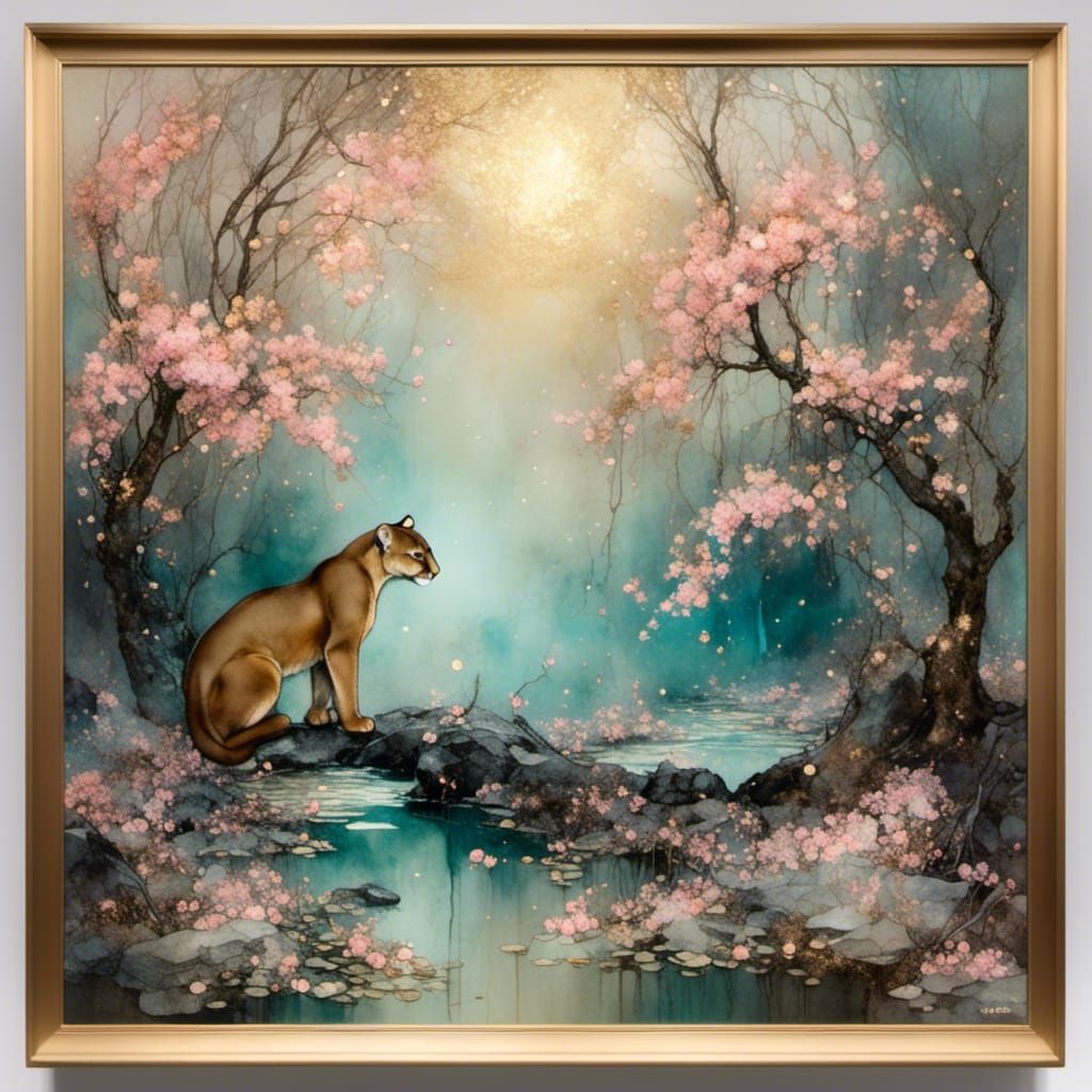 Art Nouveau Cougar by Moonlit Pond in Pastel Tones