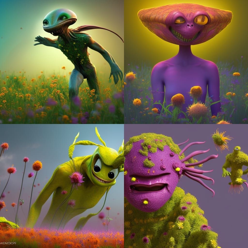 Whimsical Alien Covered in Wildflowers: 3D Digital Art