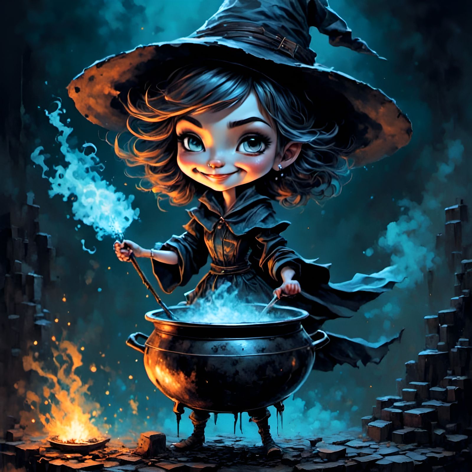 Smiling Witch with Steaming Cauldron: Comic Book Art