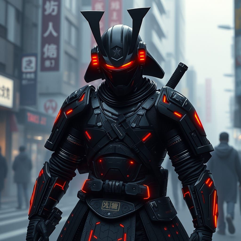 Futuristic Samurai in Misty Tokyo Street