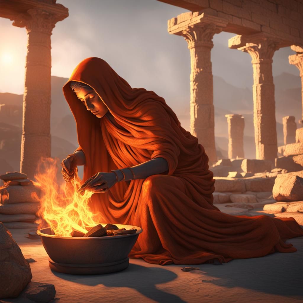Greek Goddess Hestia Tending Hearth Fire in 3D