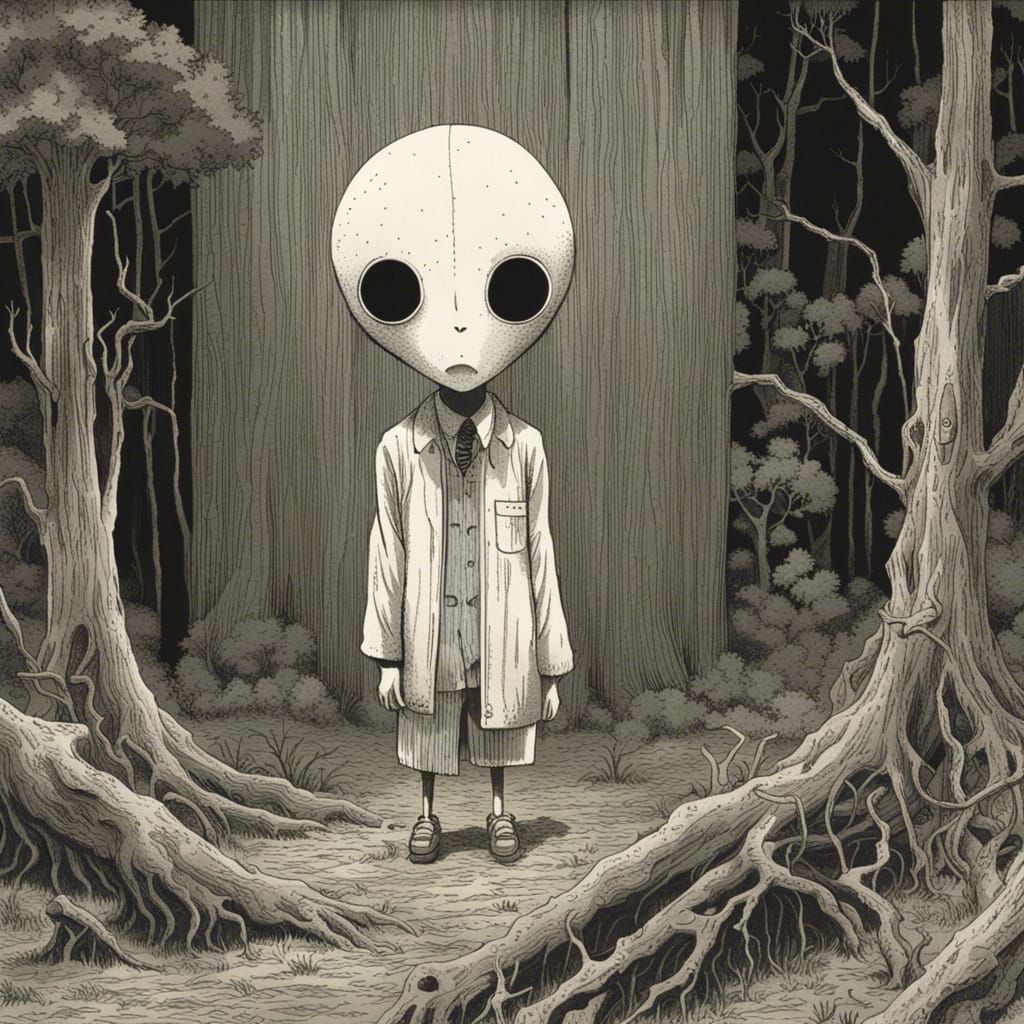 Uncanny Entity in Decaying Forest: Manga Panel