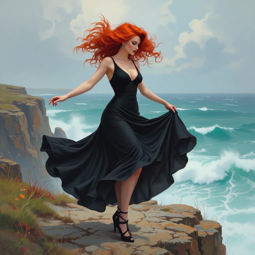 Rockabilly Woman Dancing on Cliff in Oil Painting Style
