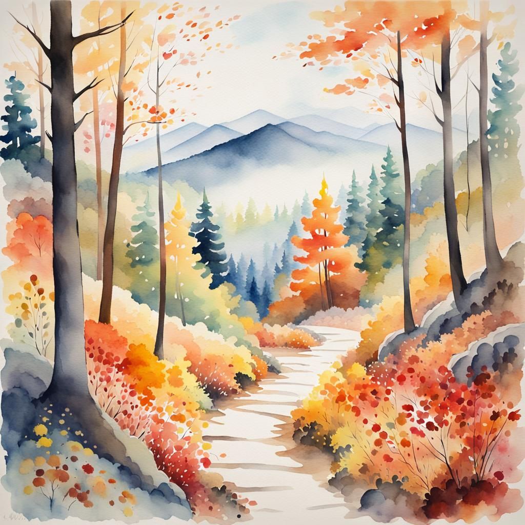 Whimsical Autumn Watercolor Landscape with Serene Forest