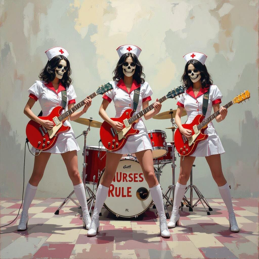 Skeleton Nurses Rock Band in Impasto Oil Style
