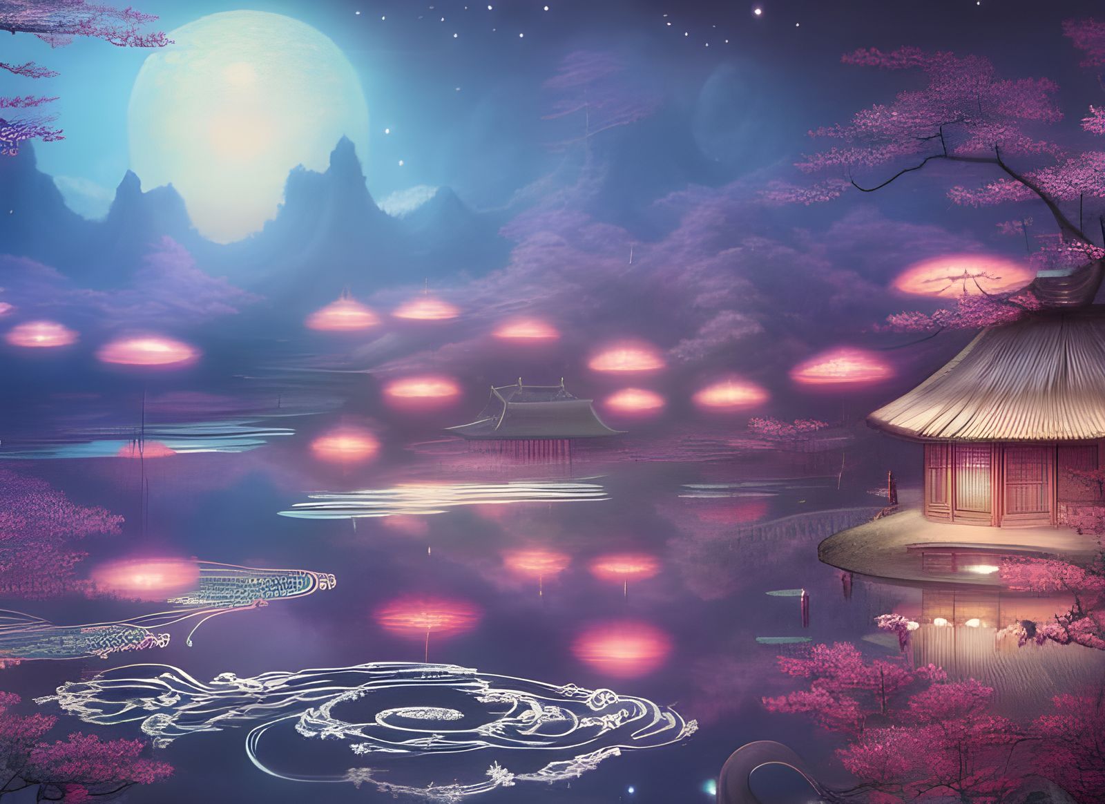 Japanese Sorceress in Dreamy Village: Digital Illustration