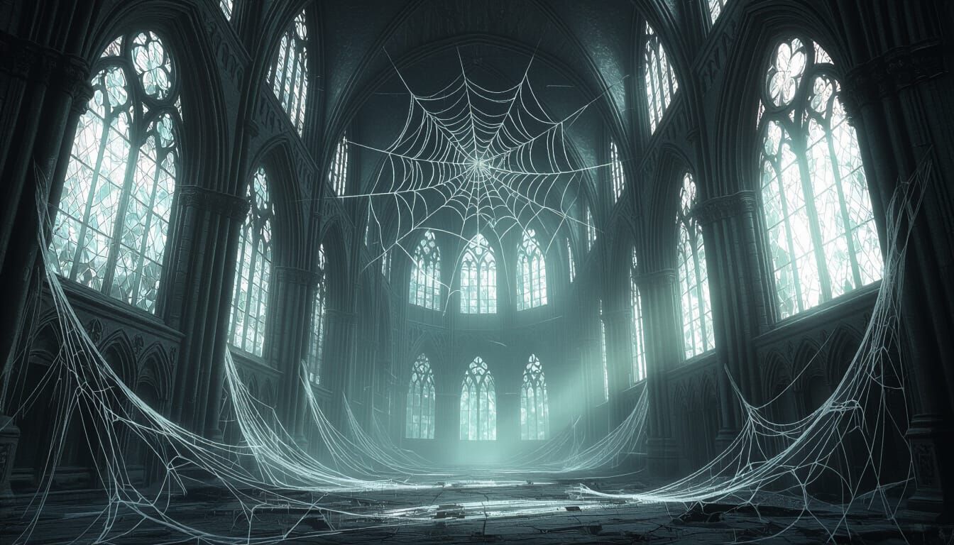 Abandoned Gothic Cathedral Interior Covered in Pearlescent S...