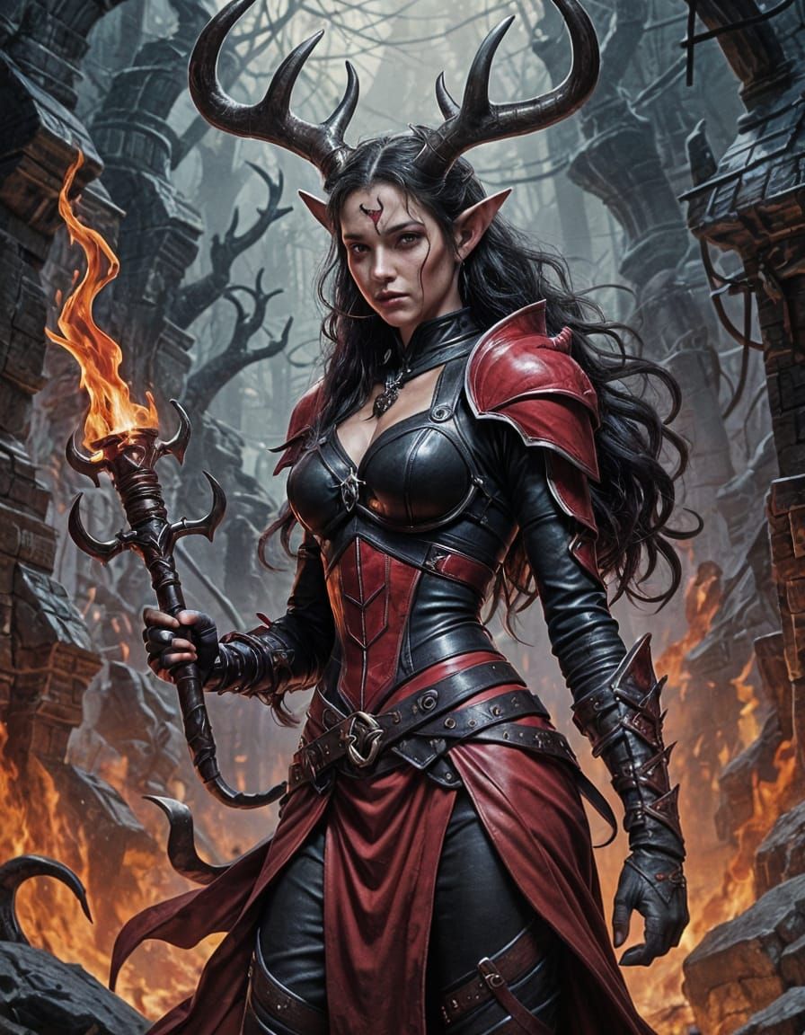 Attractive Tiefling Woman with Dagger on Dark Street