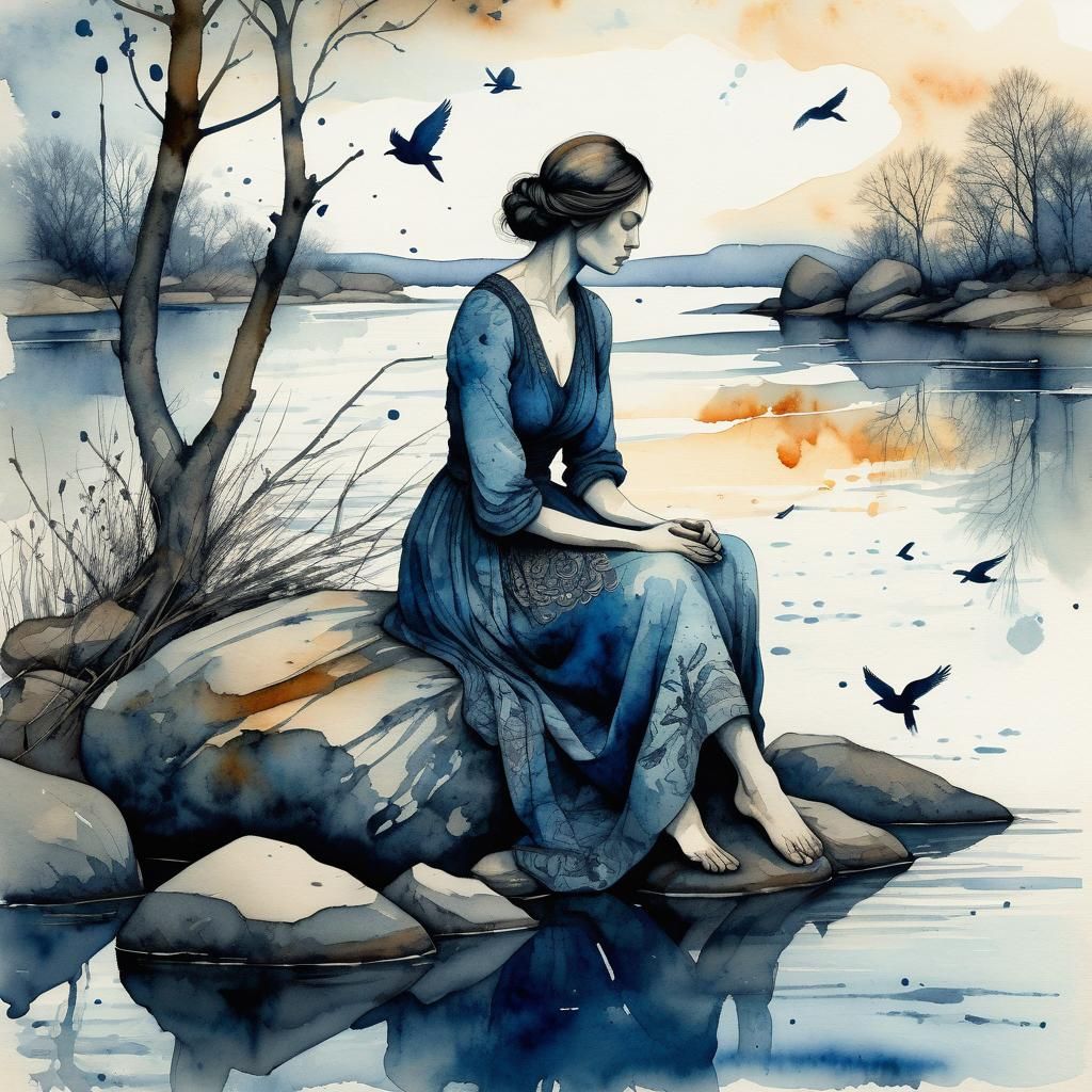 Lonely Woman by River: Watercolor and Ink Art