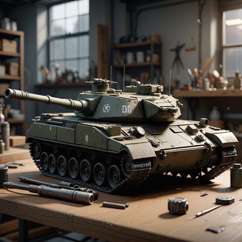 Hyper-Realistic Tank Model Masterpiece in Modern Workspace