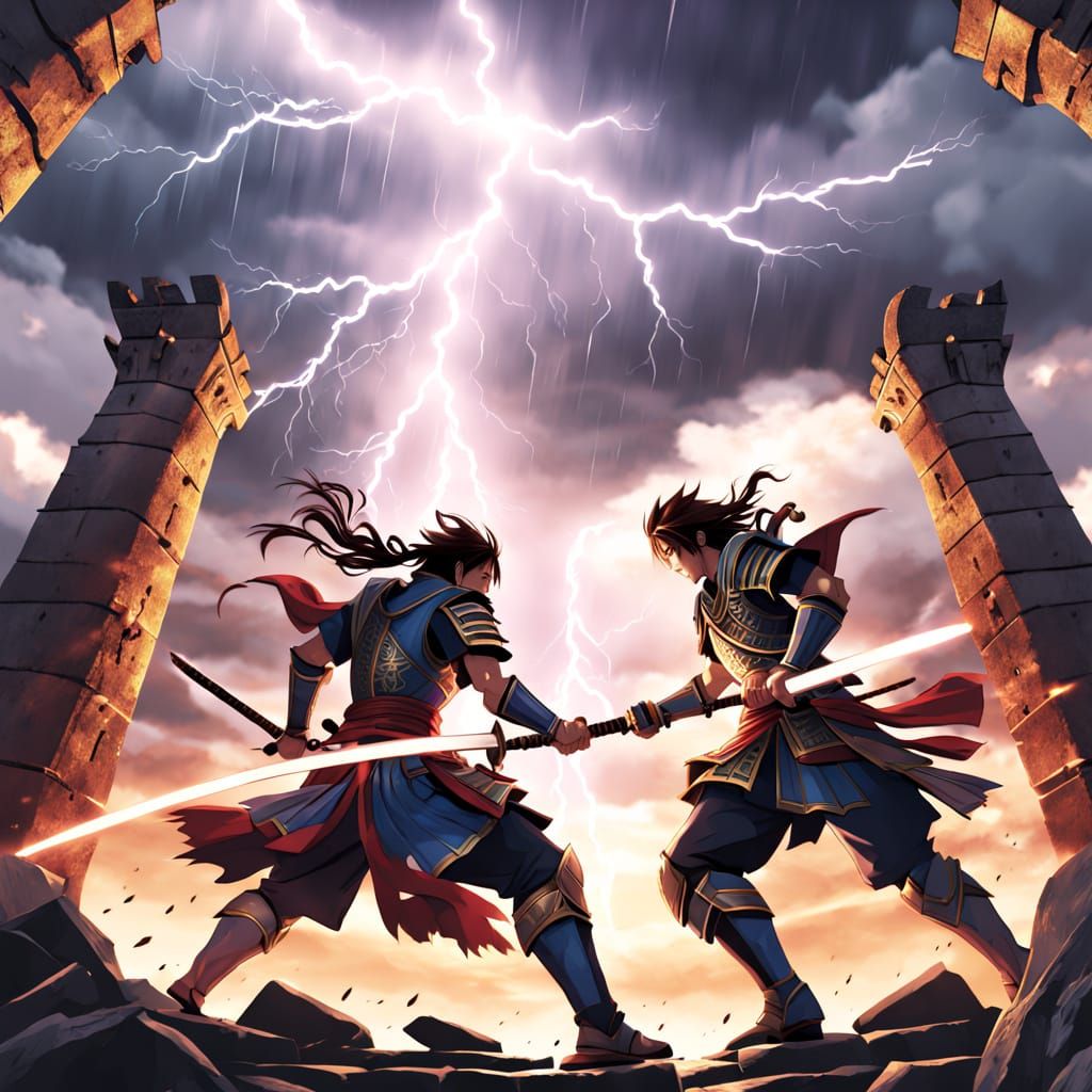 Epic Anime Samurai Duel on Ancient Aqueduct