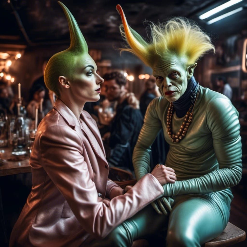 Happy Alien Couple Smiling in Hyperrealistic Photo