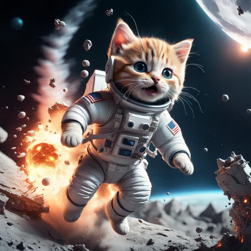 Kitten Astronaut Crash Landing: Matte Painting Style