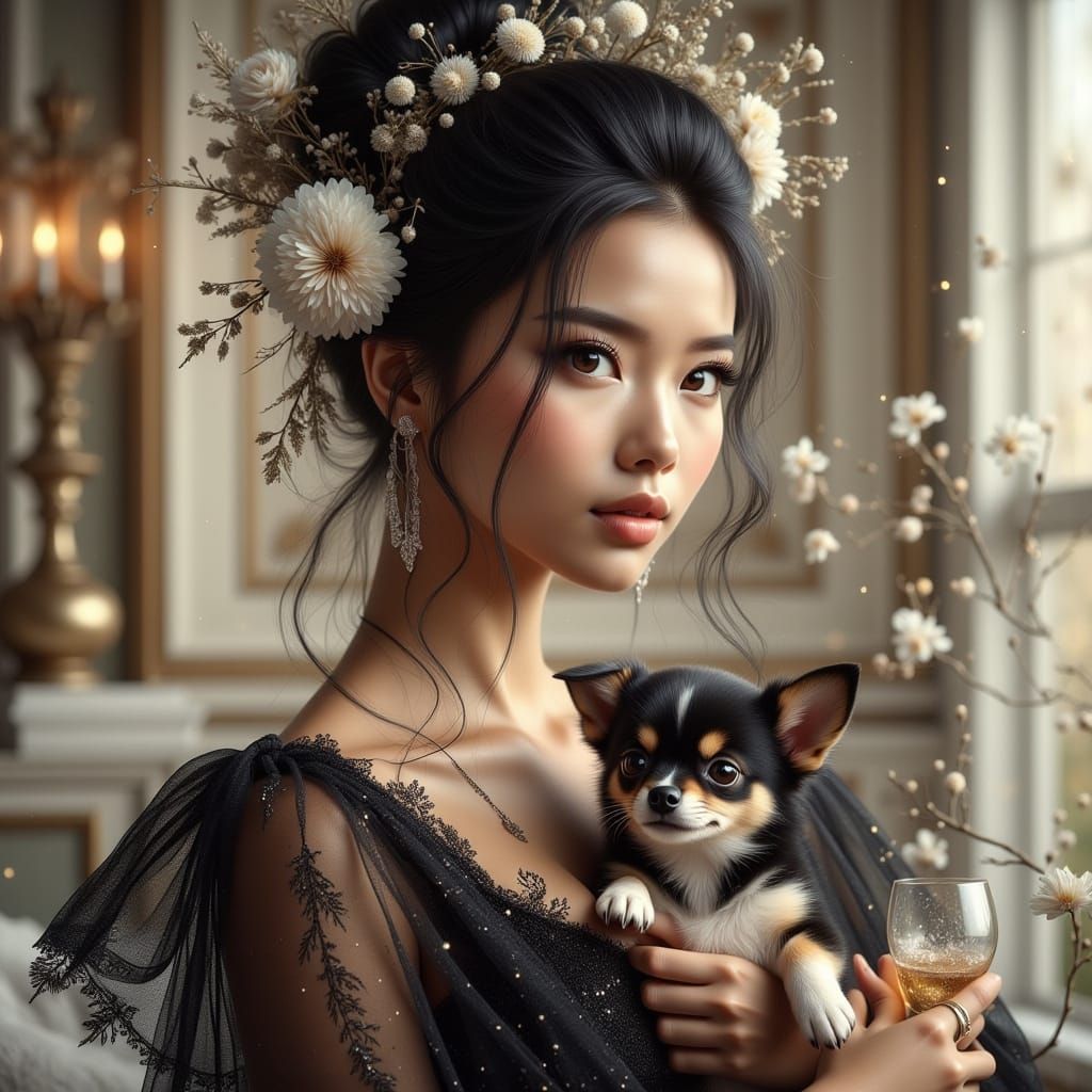 Elegant Woman with Chihuahua and Champagne