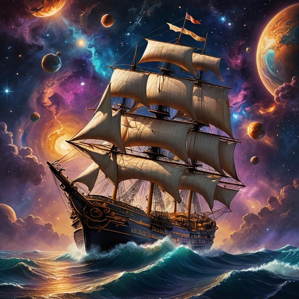 Spelljammer Ship Sails Through Space as Oil Painting