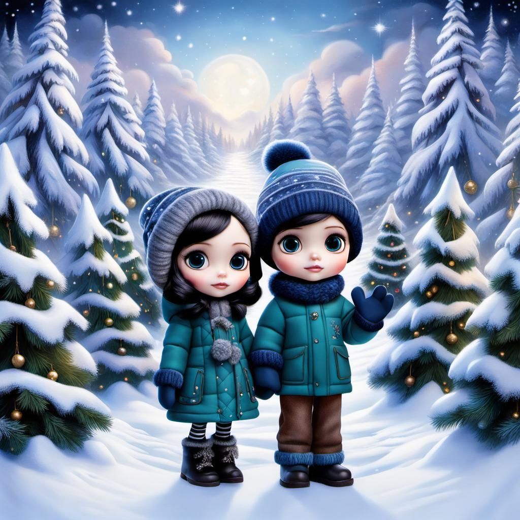 Disney Pixar style 3D doll-like girl and boy, wearing winter coats and mittens, holding hands, at a Christmas tree farm,...